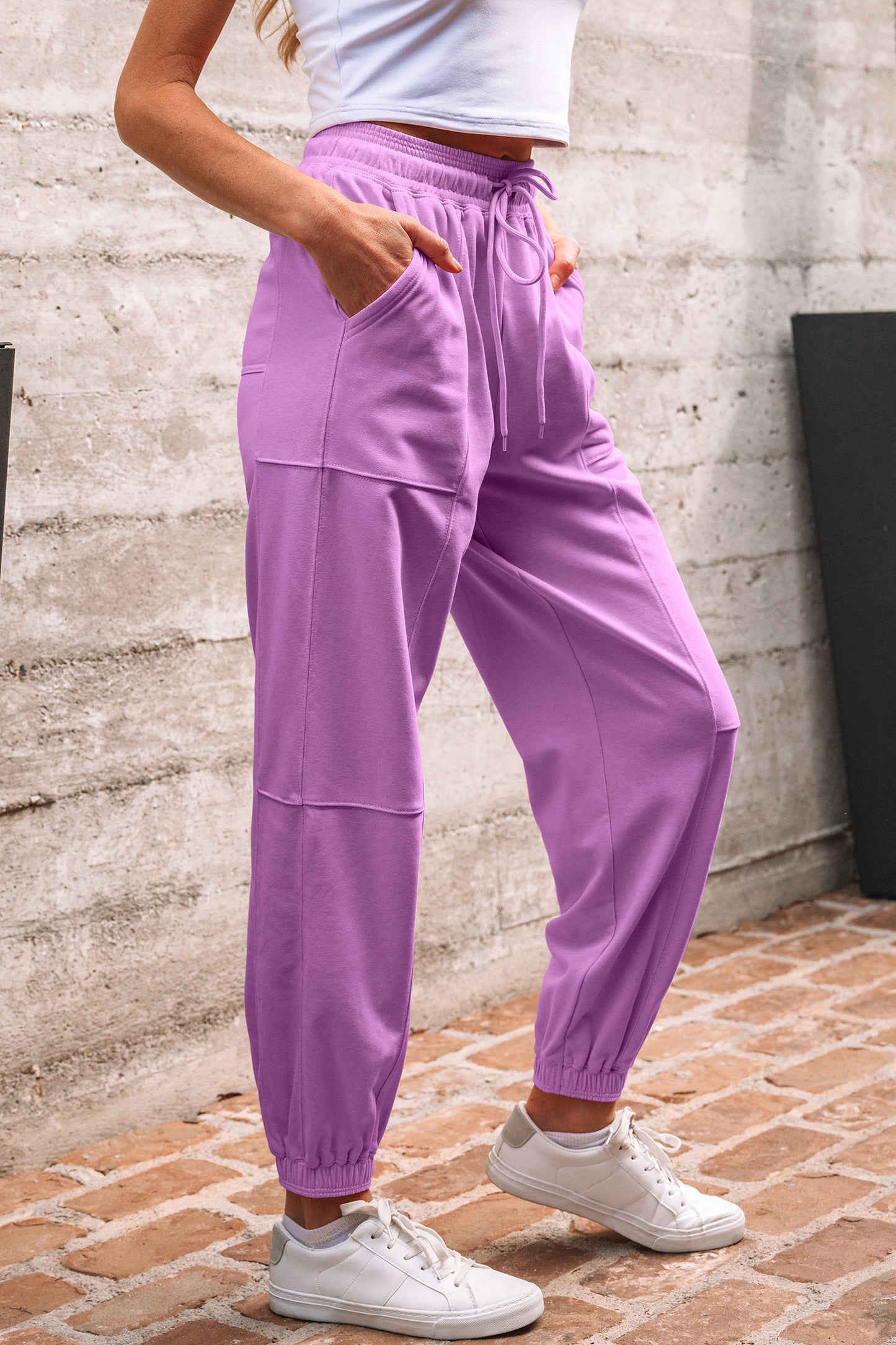 Lilac Drawstring Waist Patchwork Solid Color Jogger Pants-Bottoms/Pants & Culotte-[Adult]-[Female]-2022 Online Blue Zone Planet