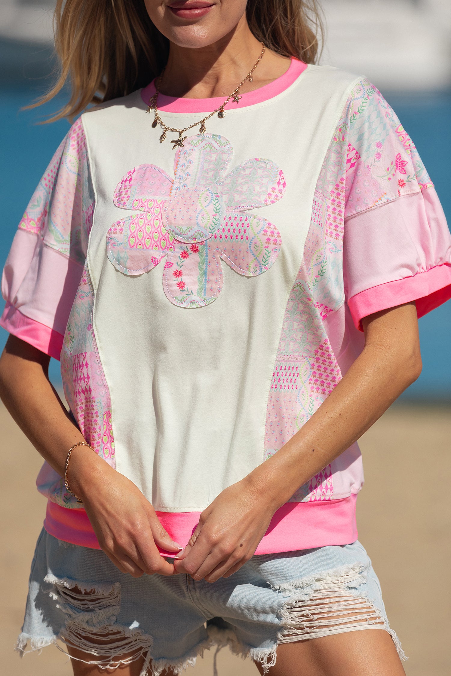 Beige Color Block Floral Patchwork Big Flower Accent Relaxed Top-Tops/Tops & Tees-[Adult]-[Female]-2022 Online Blue Zone Planet