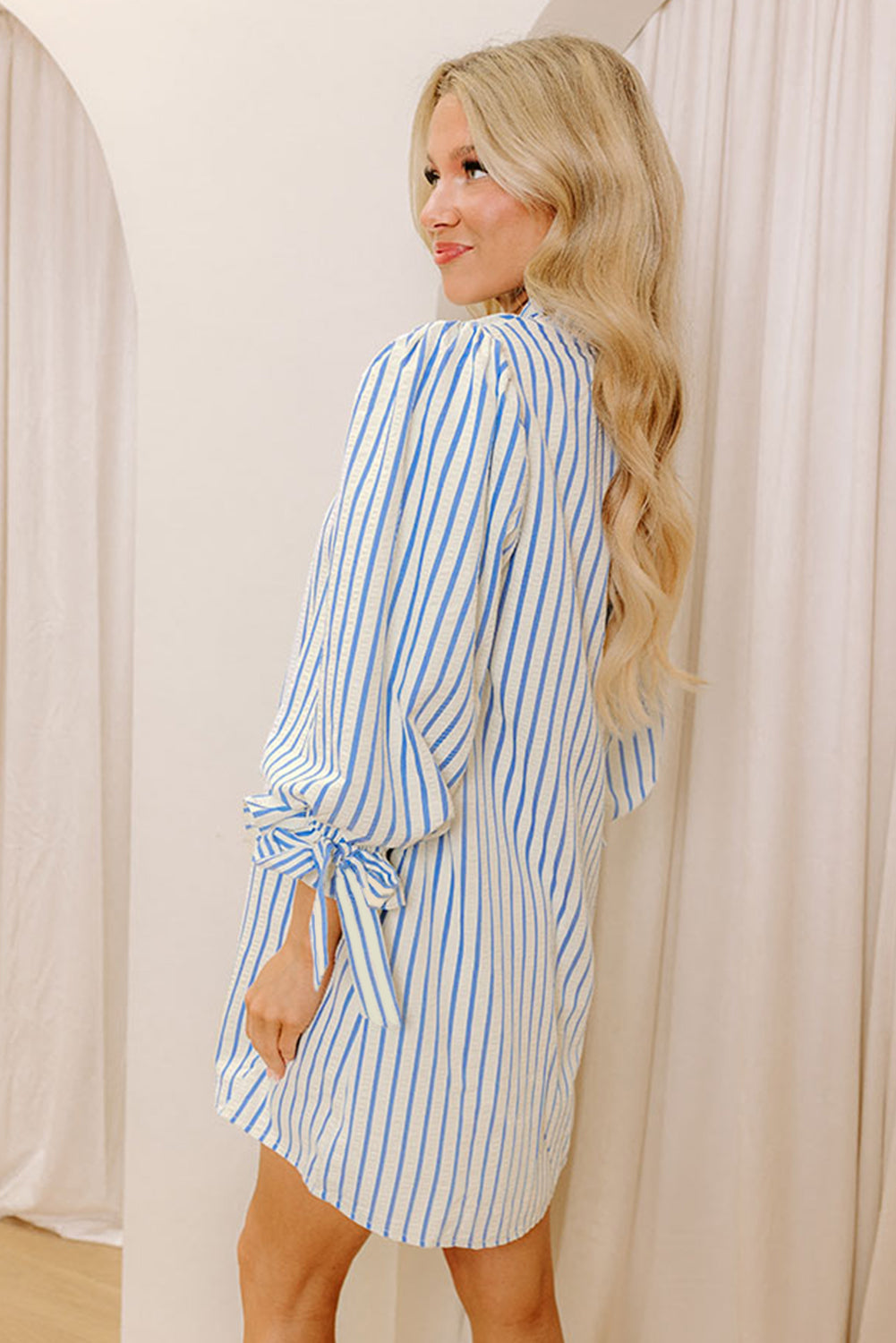 Sky Blue Stripe Knotted Bracelet Sleeve Notched Neck Shift Mini Dress-TOPS / DRESSES-[Adult]-[Female]-2022 Online Blue Zone Planet