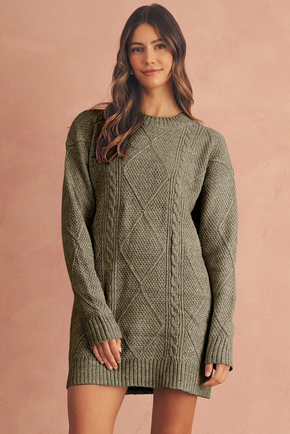 Black Twist Cable Knit Drop Shoulder Loose Fit Sweater Dress-Sweater Dresses-[Adult]-[Female]-Mist Green-S-2022 Online Blue Zone Planet