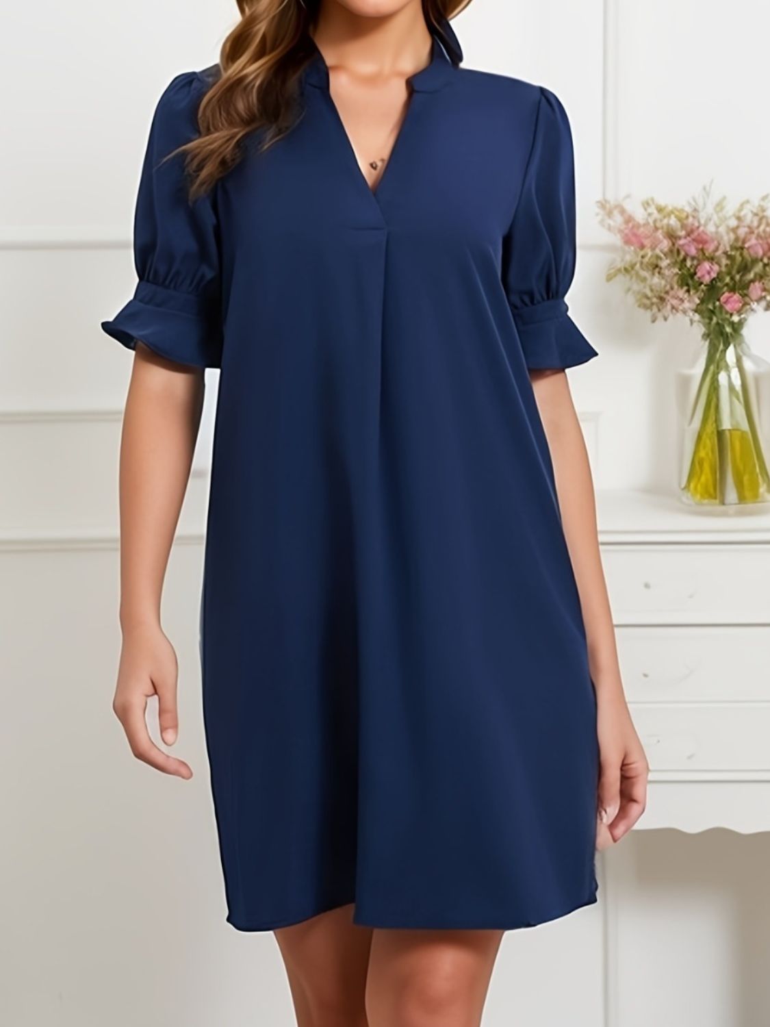 Blue Zone Planet | Notched Flounce Sleeve Mini Dress-TOPS / DRESSES-[Adult]-[Female]-2022 Online Blue Zone Planet