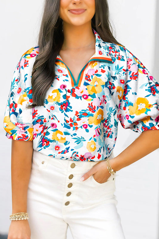 Peacock Blue Floral Print Slit V Neck Short Sleeve Blouse-Tops/Blouses & Shirts-[Adult]-[Female]-Peacock Blue-S-2022 Online Blue Zone Planet