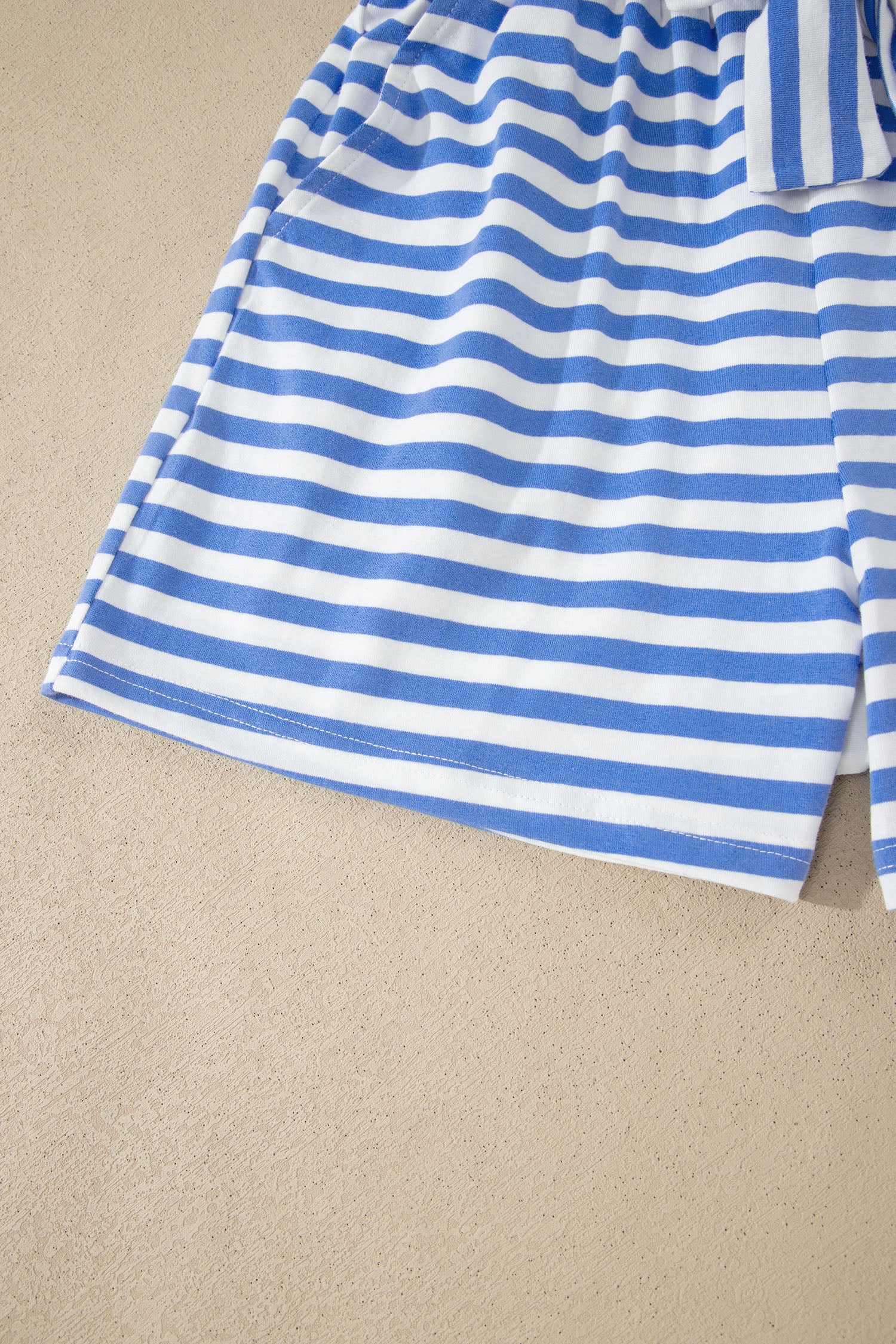 Sky Blue Stripe Contrast Trim Crew Neck Tee Knot Shorts 2pcs Set-Two Piece Sets/Short Sets-[Adult]-[Female]-2022 Online Blue Zone Planet