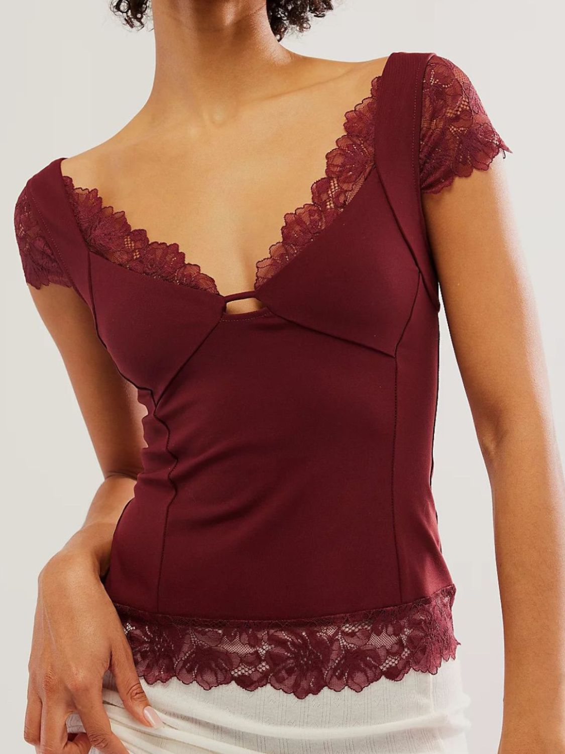 Blue Zone Planet | Lace Detail V-Neck Cap Sleeve Top-TOPS / DRESSES-[Adult]-[Female]-Burgundy-S-2022 Online Blue Zone Planet