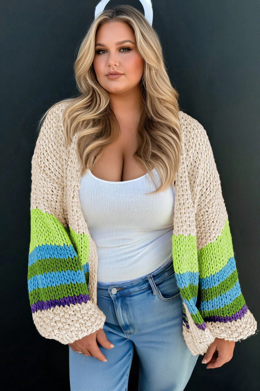 Parchment Color Block Crochet Open Front Plus Size Cardigan-Plus Size/Plus Size Sweaters & Cardigans-[Adult]-[Female]-2022 Online Blue Zone Planet