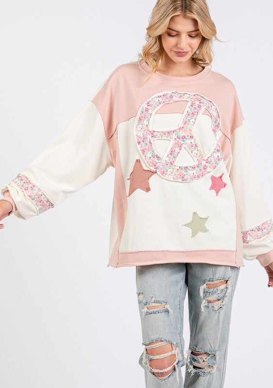 SAGE + FIG Peace & Star Patch Contrast Round Neck Sweatshirt-TOPS / DRESSES-[Adult]-[Female]-2022 Online Blue Zone Planet