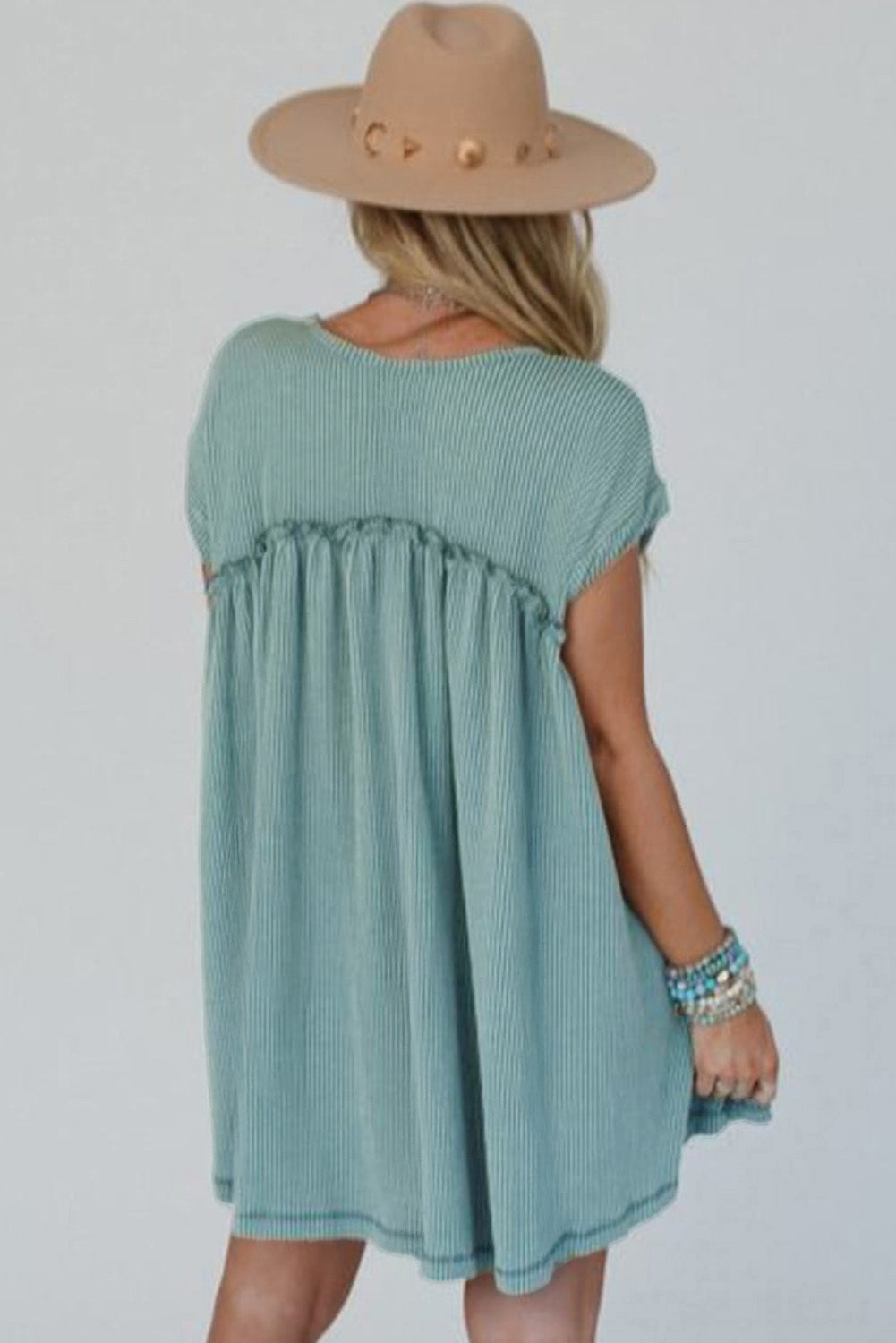 Canton Corded Knit Textured Patched Pocket Frilled Swing Mini Dress with Pockets-TOPS / DRESSES-[Adult]-[Female]-2022 Online Blue Zone Planet