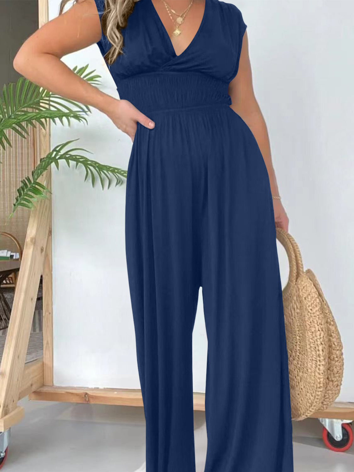 Smocked Cap Sleeve Wide Leg Jumpsuit-TOPS / DRESSES-[Adult]-[Female]-2022 Online Blue Zone Planet