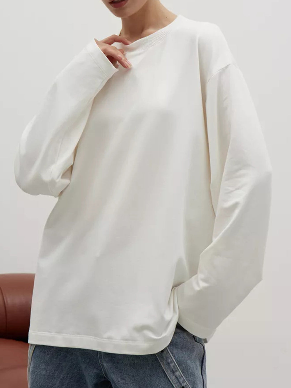 Round Neck Dropped Shoulder Long Sleeve T-Shirt-TOPS / DRESSES-[Adult]-[Female]-White-S-2022 Online Blue Zone Planet