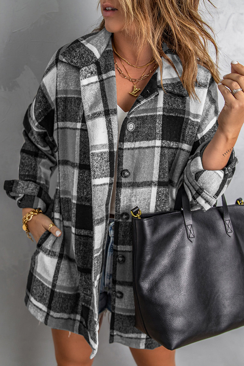 Plaid Print Buttoned Shirt Jacket-Outerwear/Plaid Shackets-[Adult]-[Female]-Gray-S-2022 Online Blue Zone Planet