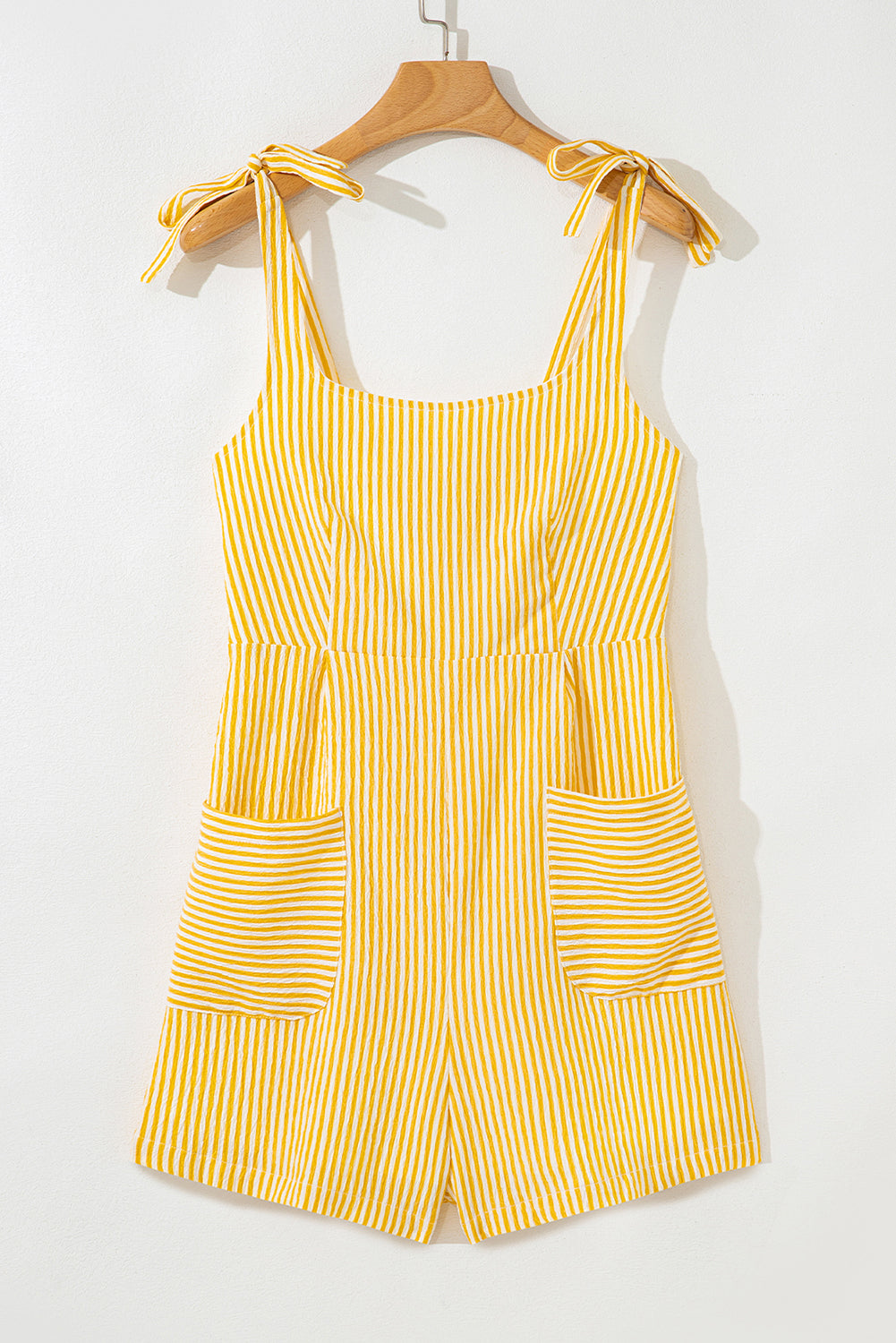 Yellow Stripe Shoulder Tie Smocked Back Wide Leg Casual Romper-Bottoms/Jumpsuits & Rompers-[Adult]-[Female]-2022 Online Blue Zone Planet