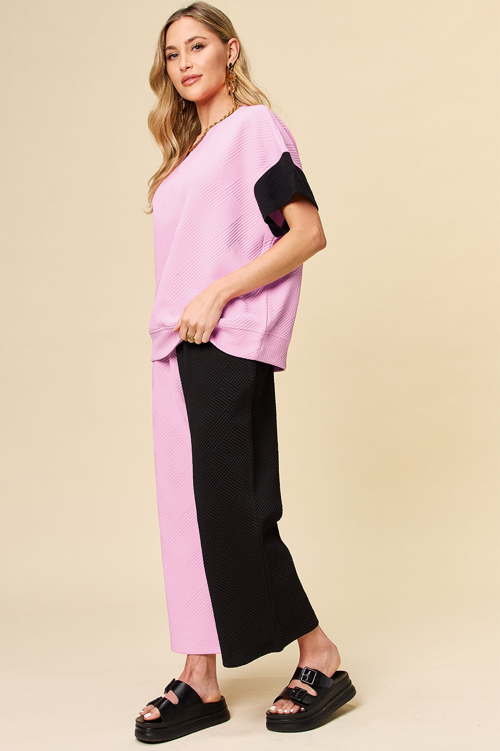 Double Take Full Size Texture Contrast T-Shirt and Wide Leg Pants Set-TOPS / DRESSES-[Adult]-[Female]-2022 Online Blue Zone Planet