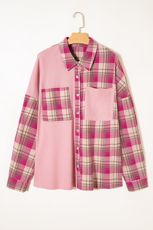 Pink Waffle Patch Pocket Plaid Patchwork Plus Size Shirt-Plus Size/Plus Size Outerwear-[Adult]-[Female]-2022 Online Blue Zone Planet