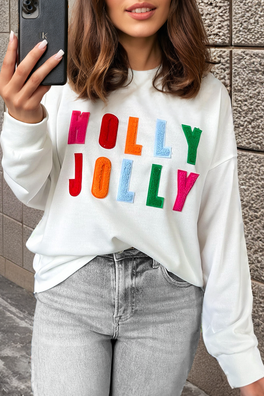 White Chenille Holly Jolly Graphic Long Sleeve Top-Tops/Long Sleeve Tops-[Adult]-[Female]-White-S-2022 Online Blue Zone Planet