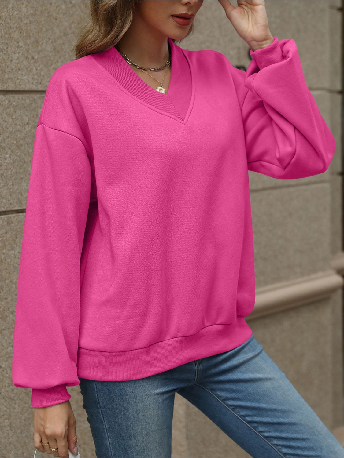 V-Neck Long Sleeve Dropped Shoulder Sweatshirt-TOPS / DRESSES-[Adult]-[Female]-2022 Online Blue Zone Planet