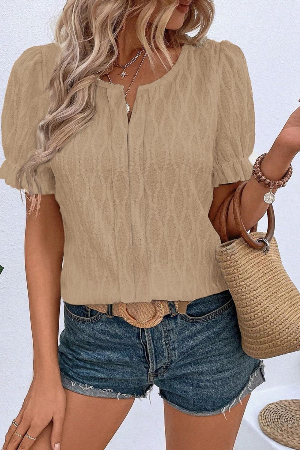 Texture Notched Short Sleeve Blouse-TOPS / DRESSES-[Adult]-[Female]-2022 Online Blue Zone Planet