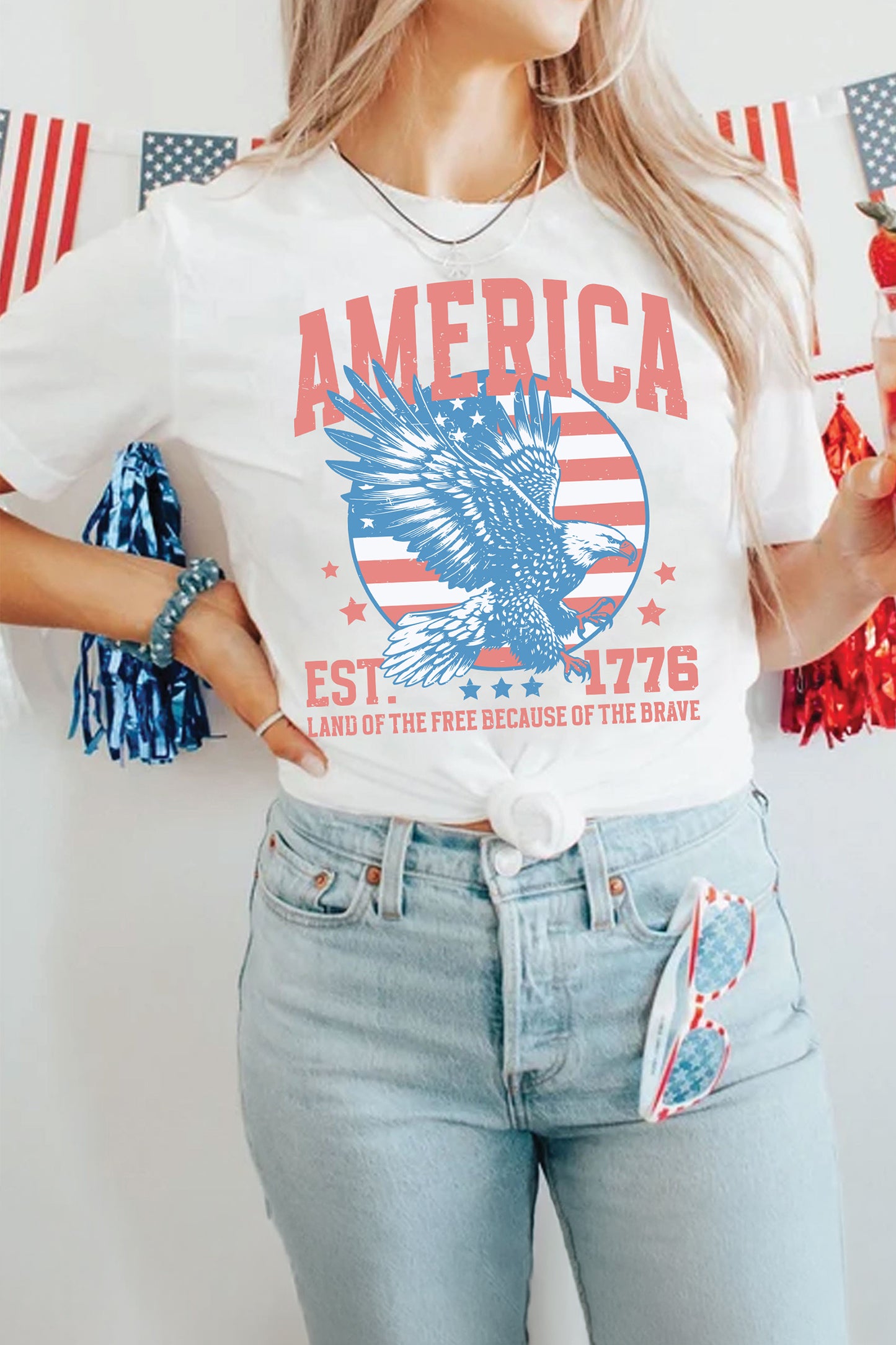White Vintage America Eagle Printed Freedom Spirit Patriotic Tee-Graphic/Graphic Tees-[Adult]-[Female]-2022 Online Blue Zone Planet