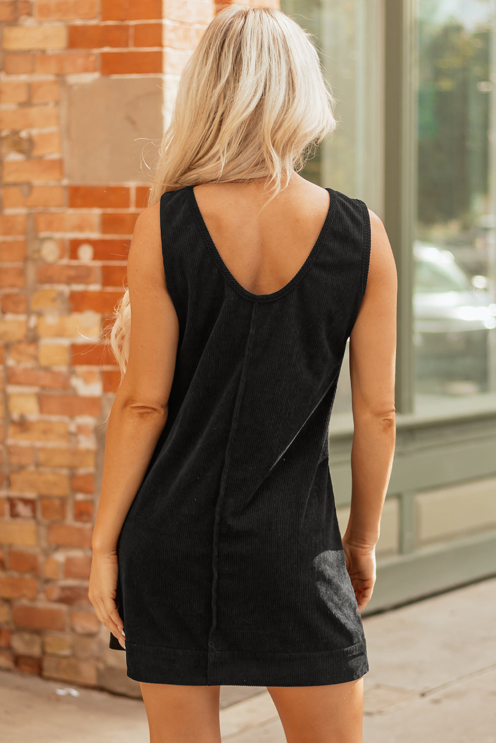 Black Corduroy Sleeveless Mini Dress With Patched Pockets-TOPS / DRESSES-[Adult]-[Female]-2022 Online Blue Zone Planet