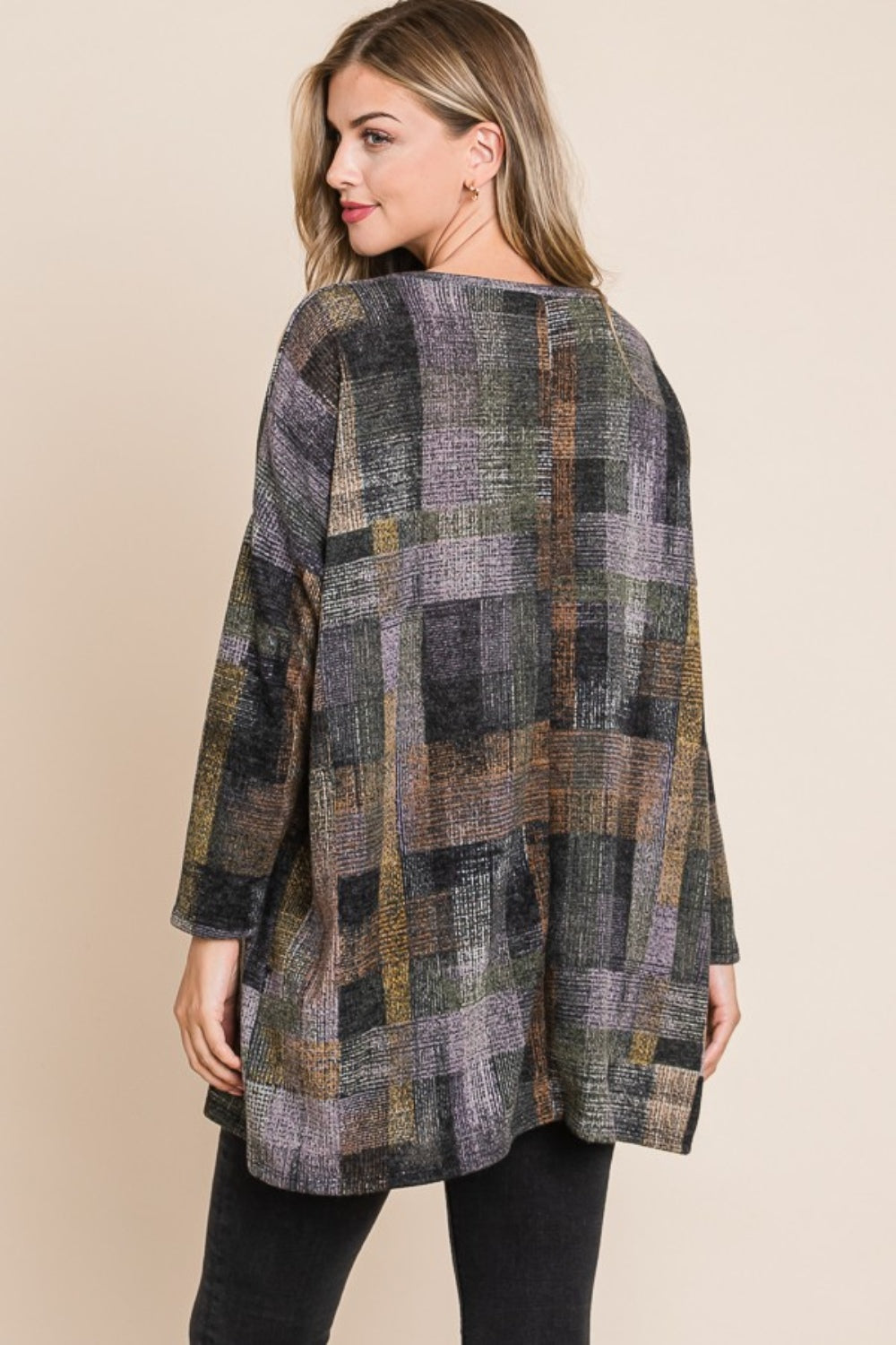 BOMBOM Plaid Round Neck Long Sleeve Top-TOPS / DRESSES-[Adult]-[Female]-2022 Online Blue Zone Planet