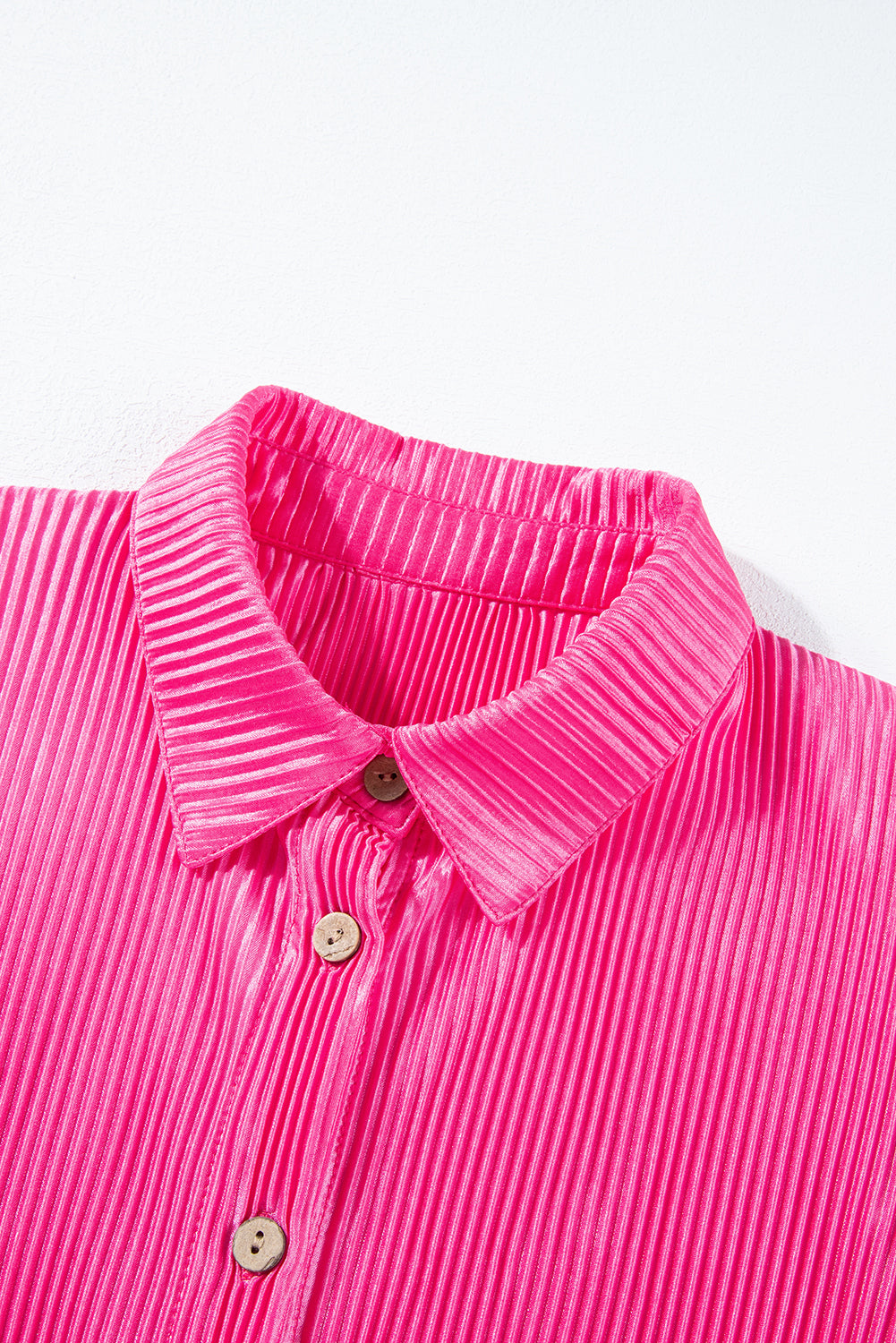 Blue Zone Planet |  Bright Pink Satin Pleated Short Sleeve Shirt Blue Zone Planet