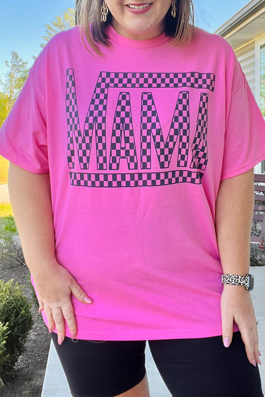 Bright Pink Checkered MAMA Letter Print Plus Size T Shirt-Plus Size Tops-[Adult]-[Female]-Bright Pink-1X-2022 Online Blue Zone Planet