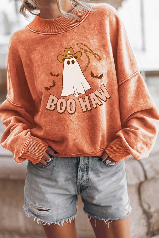 Orange BOO HAW Ghost Halloween Print Drop Sleeve Sweatshirt-Graphic/Graphic Sweatshirts-[Adult]-[Female]-Orange-S-2022 Online Blue Zone Planet