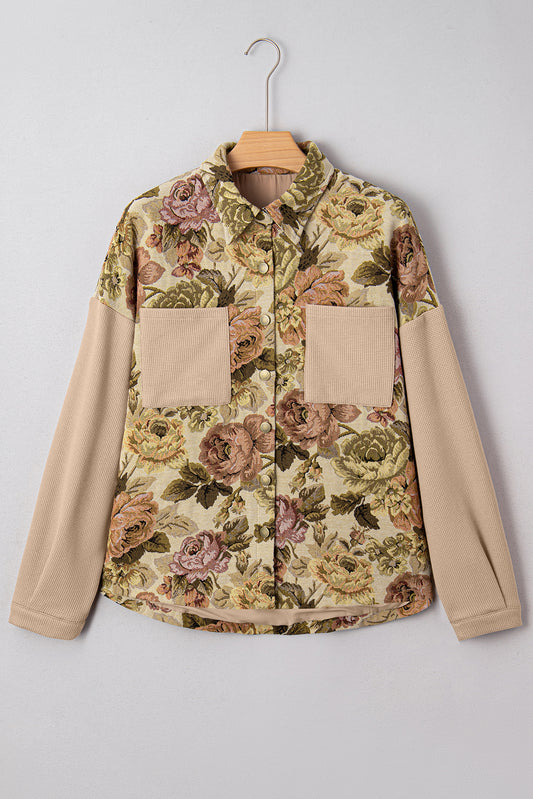 Khaki Floral Waffle Knit Patchwork Chest Pockets Buttoned Jacket-Outerwear/Jackets-[Adult]-[Female]-2022 Online Blue Zone Planet