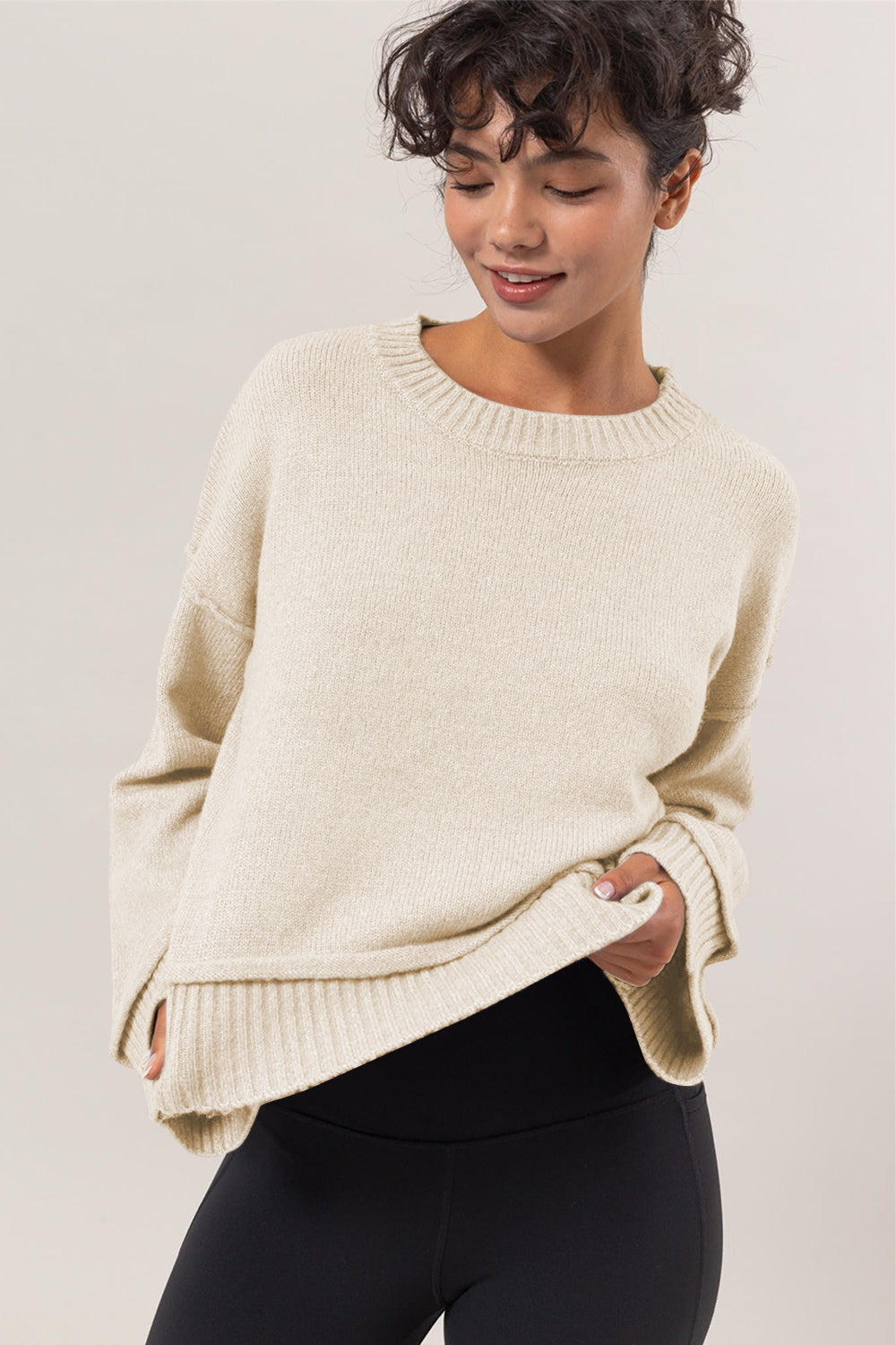 HYFVE Round Neck Dropped Shoulder Ribbed Sweater-TOPS / DRESSES-[Adult]-[Female]-Cream-S-2022 Online Blue Zone Planet