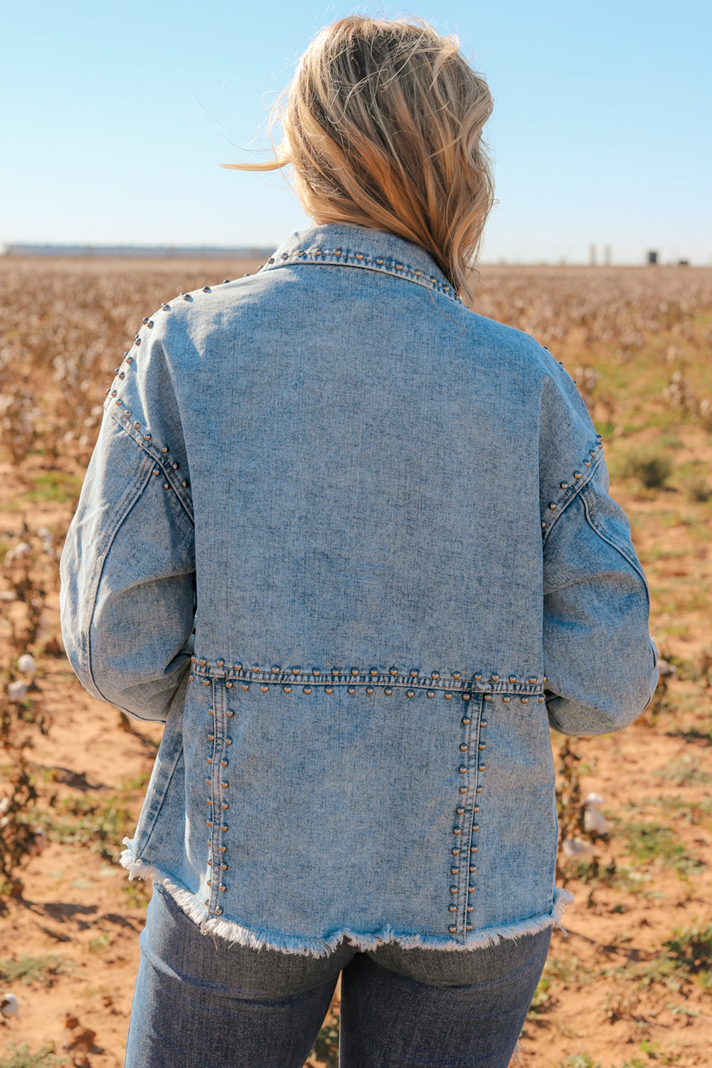 Blue Zone Planet | Sky Blue Studded Acid Wash Denim Jacket-Outerwear/Denim jackets-[Adult]-[Female]-2022 Online Blue Zone Planet