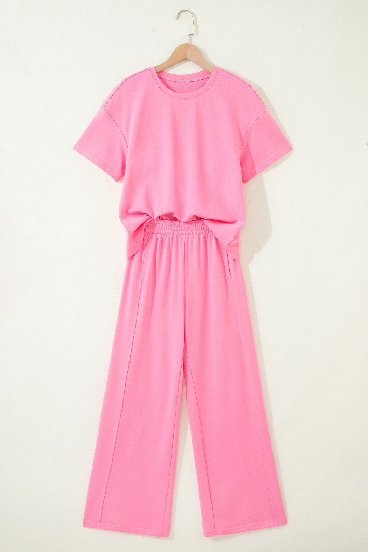 Sachet Pink Solid Cover Oversize Tee Pocketed Casual Pants 2pcs Outfit-Two Piece Sets/Pant Sets-[Adult]-[Female]-2022 Online Blue Zone Planet