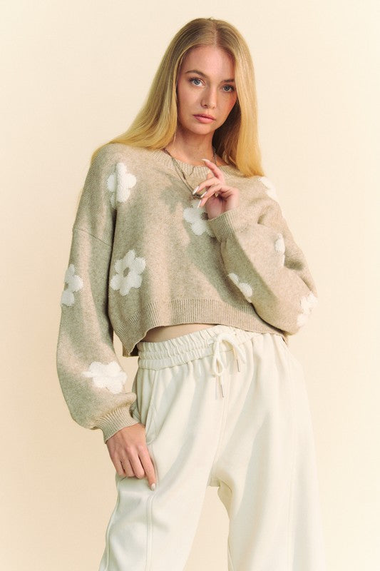 Blue Zone Planet |  Davi & Dani Floral Drop Shoulder Cropped Sweater