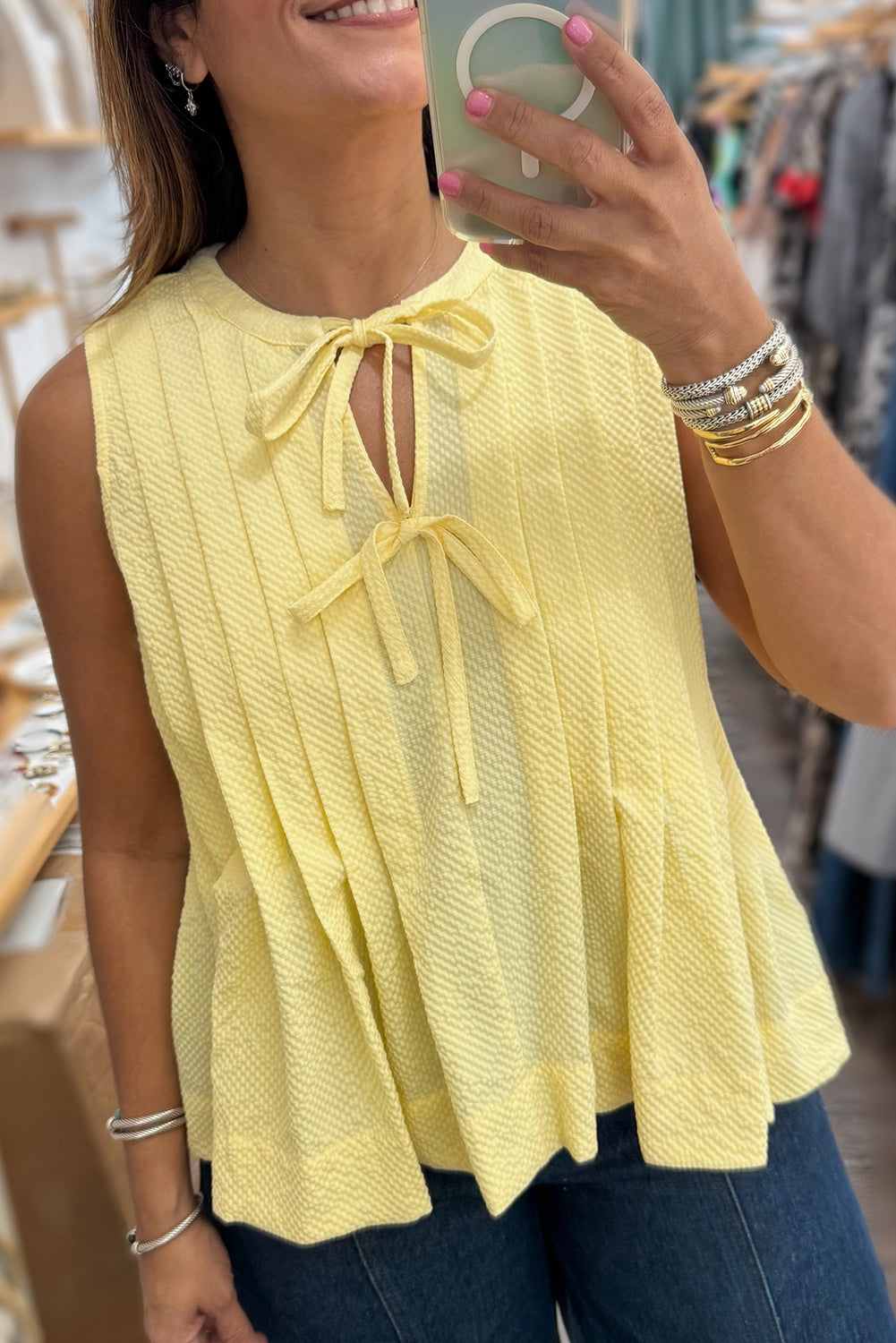 Yellow Cream Bow Tie Notched Neck Pleated Tank Top-Tops/Tank Tops-[Adult]-[Female]-Yellow Cream-S-2022 Online Blue Zone Planet