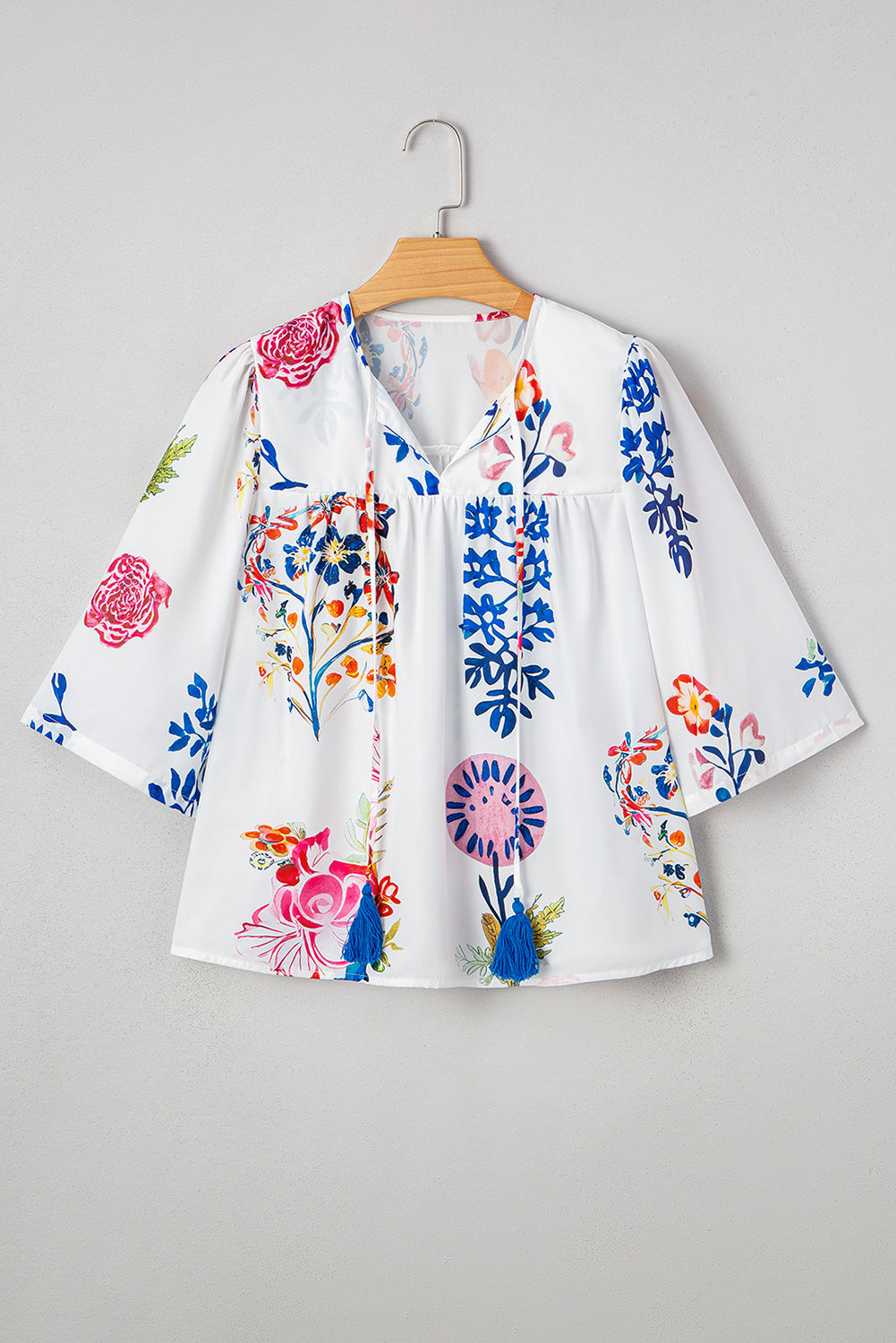 White Floral Print Tassel Tie Bracelet Sleeve Flowy Blouse-Bracelet-[Adult]-[Female]-2022 Online Blue Zone Planet