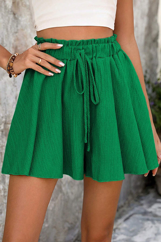 Dark Green Textured Frilled Lace-up High Waist Ruffle Wide Leg Shorts-Bottoms/Casual Shorts-[Adult]-[Female]-Dark Green-S-2022 Online Blue Zone Planet