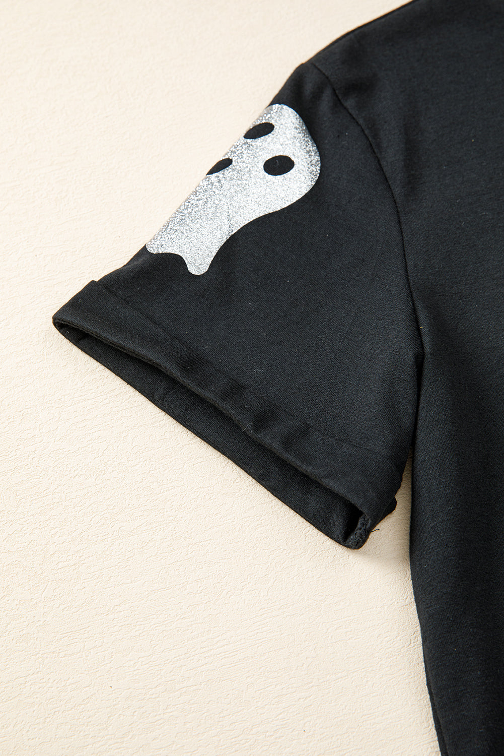 Black Glitter Ghost Pattern Crew Neck Halloween T Shirt-Graphic/Graphic Tees-[Adult]-[Female]-2022 Online Blue Zone Planet