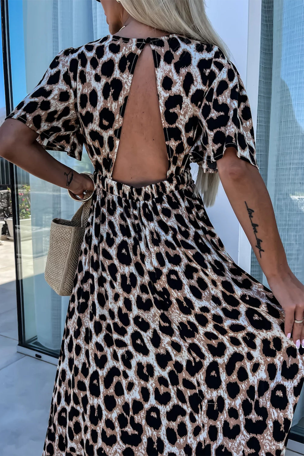 Khaki Leopard V Neck Cinched High Waist Open Back Maxi Dress-Maxi Dresses-[Adult]-[Female]-2022 Online Blue Zone Planet