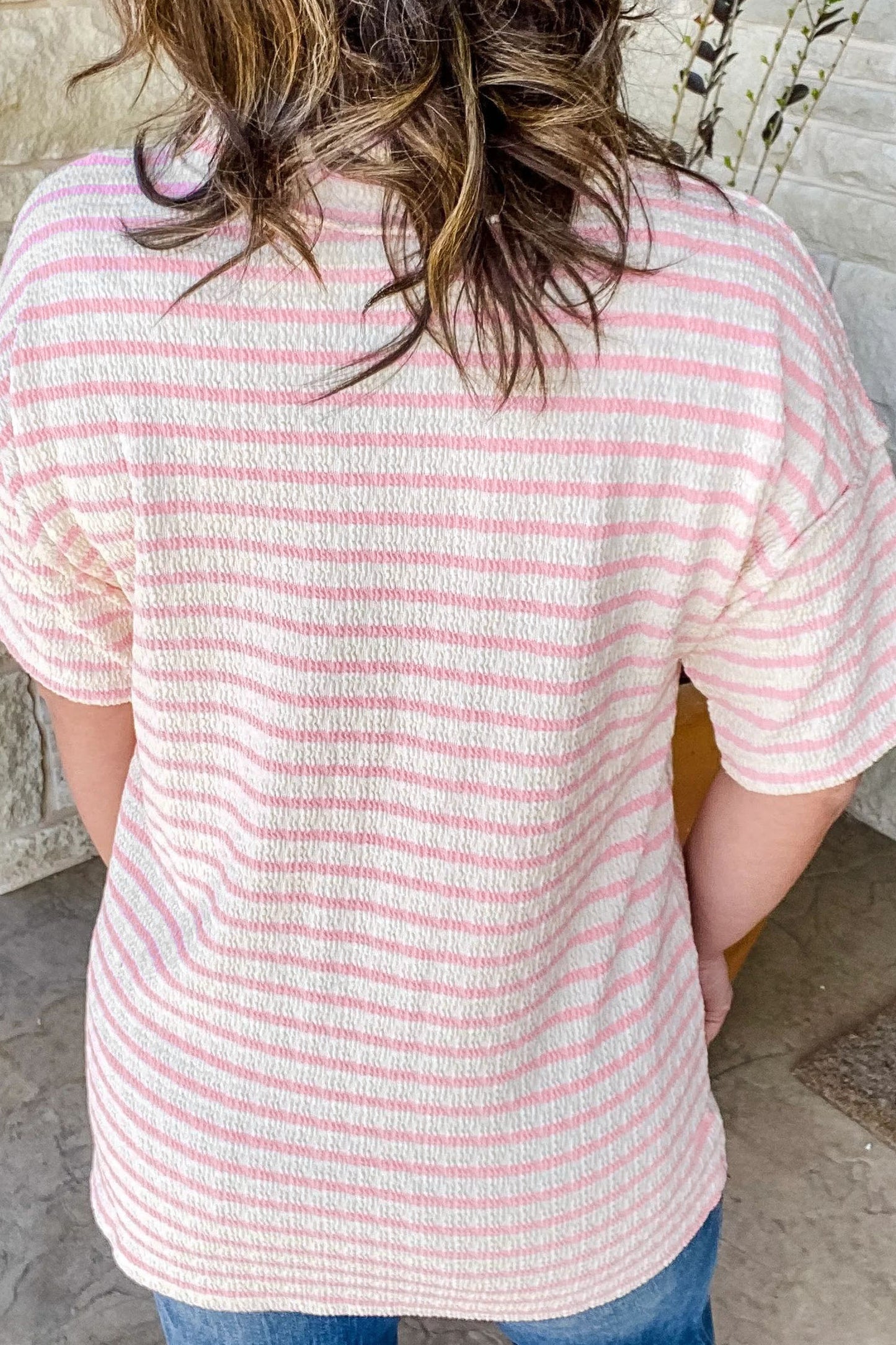 Pink Stripe Plus Size V Neck Exposed Seam Patchwork T Shirt-Plus Size/Plus Size Tops/Plus Size Tops & Tees-[Adult]-[Female]-2022 Online Blue Zone Planet
