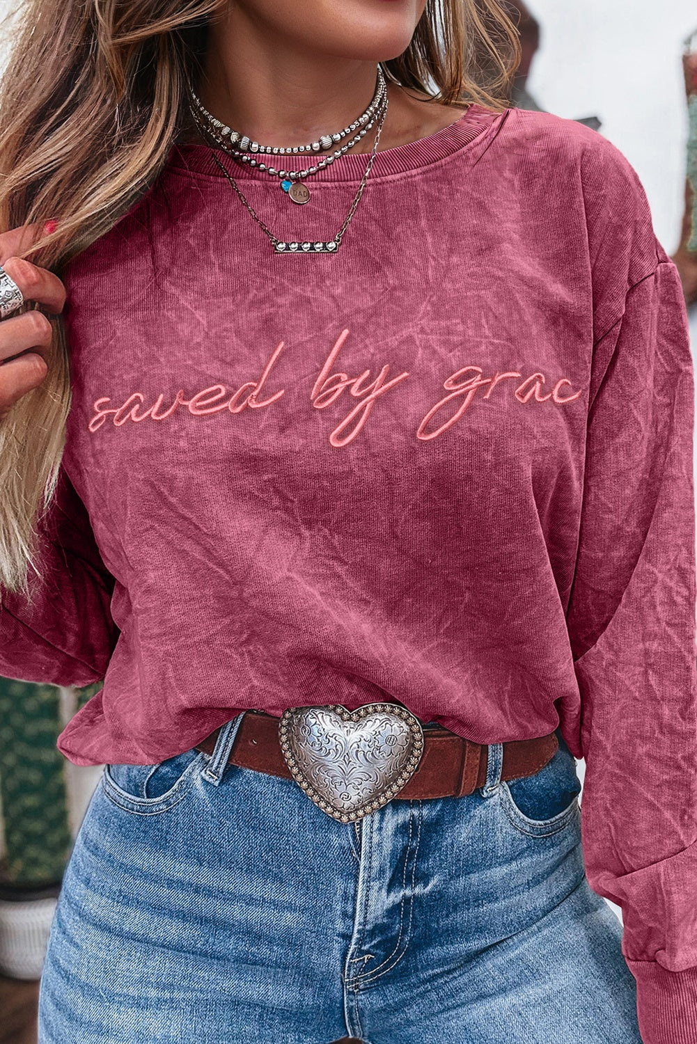 Mineral Red Saved By Grace Letter Embroidery Mineral Wash Loose Sweatshirt-Tops/Sweatshirts & Hoodies-[Adult]-[Female]-Mineral Red-S-2022 Online Blue Zone Planet