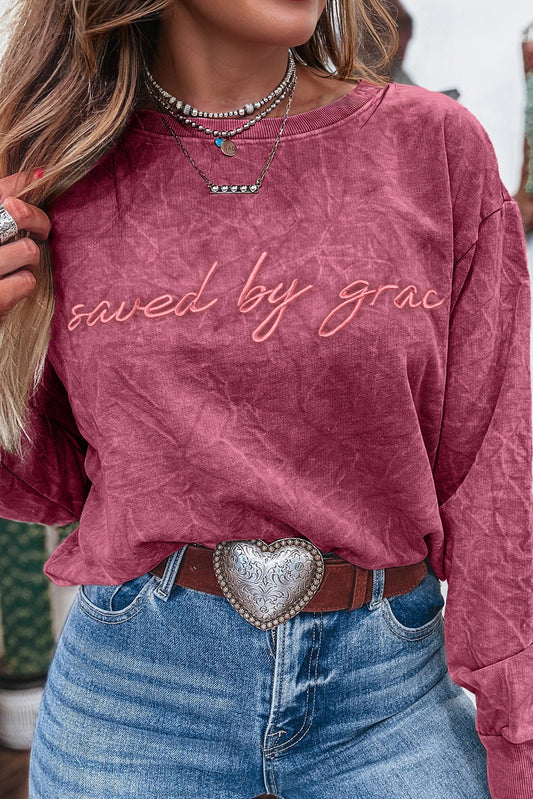 Mineral Red Saved By Grace Letter Embroidery Mineral Wash Loose Sweatshirt-Tops/Sweatshirts & Hoodies-[Adult]-[Female]-Mineral Red-S-2022 Online Blue Zone Planet