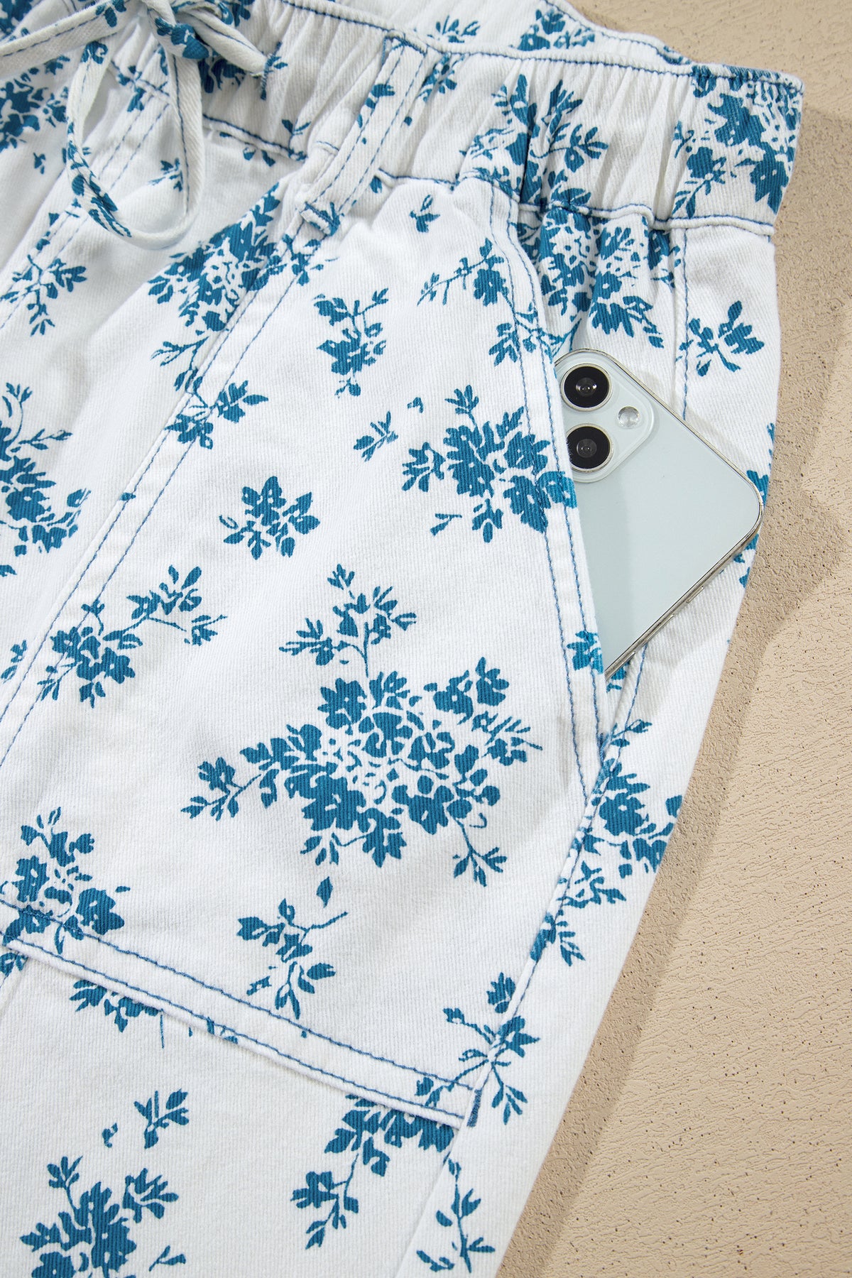 Sky Blue Floral Print Tie Waist Straight Leg Jeans-Bottoms/Jeans-[Adult]-[Female]-2022 Online Blue Zone Planet