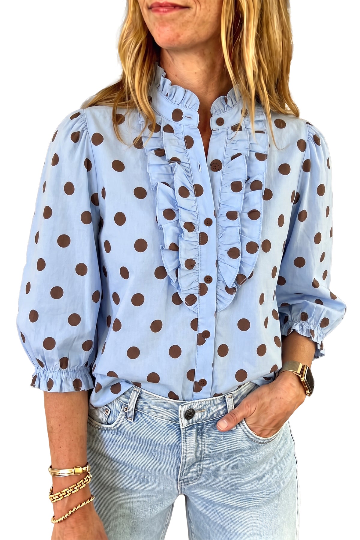 Fiery Red Polka Dot Striped Print Ruffle Stand Neck 3/4 Sleeve Shift Shirt-Tops/Blouses & Shirts-[Adult]-[Female]-2022 Online Blue Zone Planet