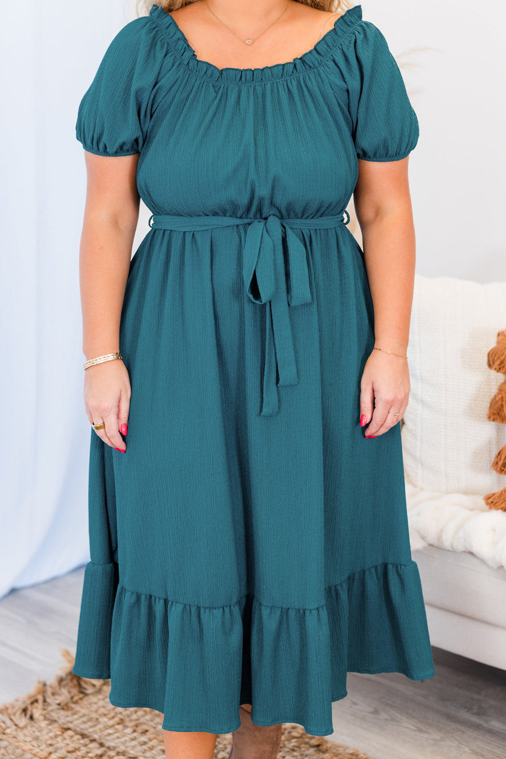 Skobeloff Frilled U Neck Puff Sleeve Belted Ruffle Hem Plus Size Midi Dress-TOPS / DRESSES-[Adult]-[Female]-2022 Online Blue Zone Planet