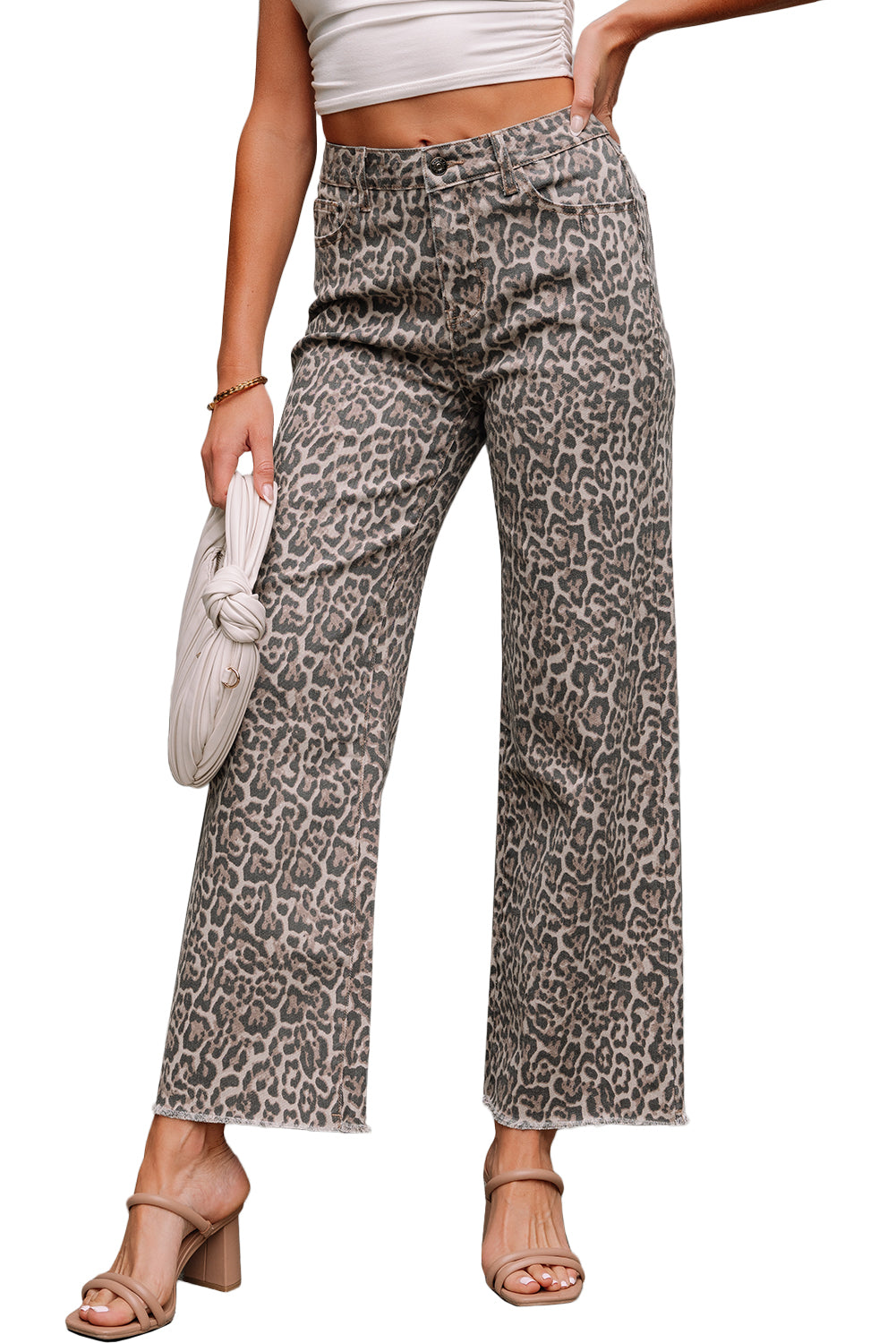 Brown Leopard Frayed Edge Wide Leg High Waist Jeans-Bottoms/Jeans-[Adult]-[Female]-2022 Online Blue Zone Planet