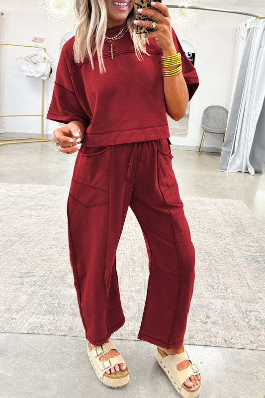 Racing Red Drop Shoulder Boxy Tee and Barrel Pants Set-Two Piece Sets/Pant Sets-[Adult]-[Female]-Racing Red-S-2022 Online Blue Zone Planet