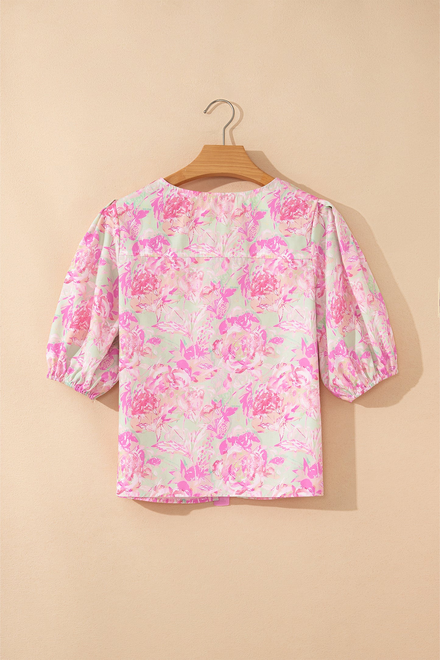 Pink Ribbon Knot Front Floral Short Puff Sleeve Blouse-Tops/Blouses & Shirts-[Adult]-[Female]-2022 Online Blue Zone Planet