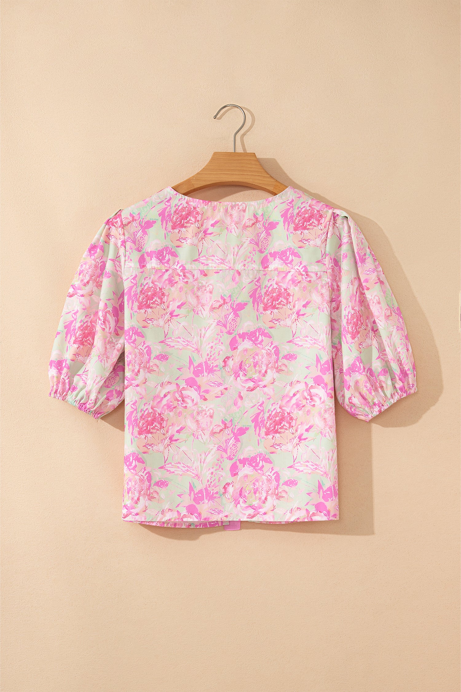 Pink Ribbon Knot Front Floral Short Puff Sleeve Blouse-Tops/Blouses & Shirts-[Adult]-[Female]-2022 Online Blue Zone Planet