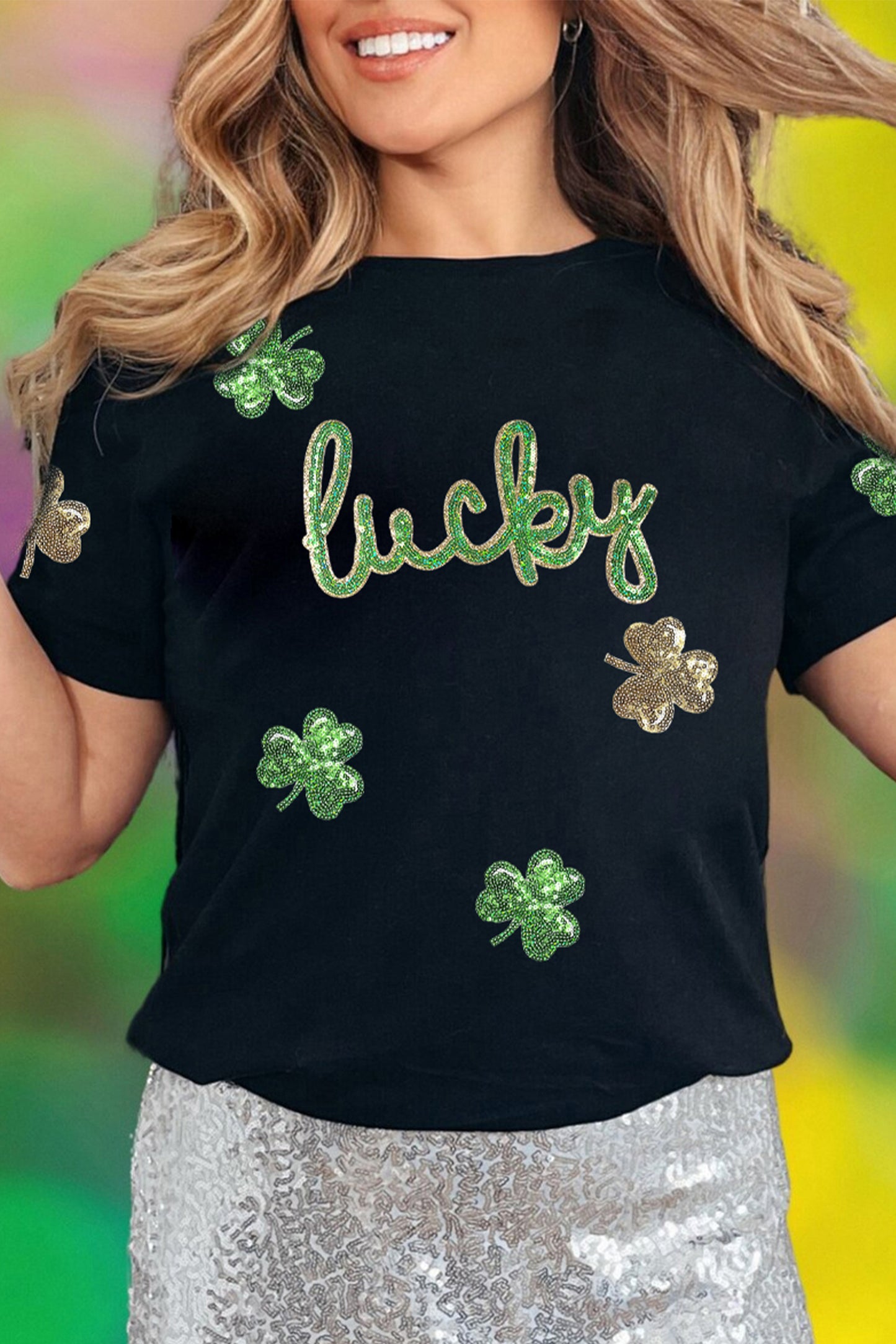 Black Lucky Sequin Shamrock Irish Festive Graphic Tee-Graphic Tees-[Adult]-[Female]-2022 Online Blue Zone Planet