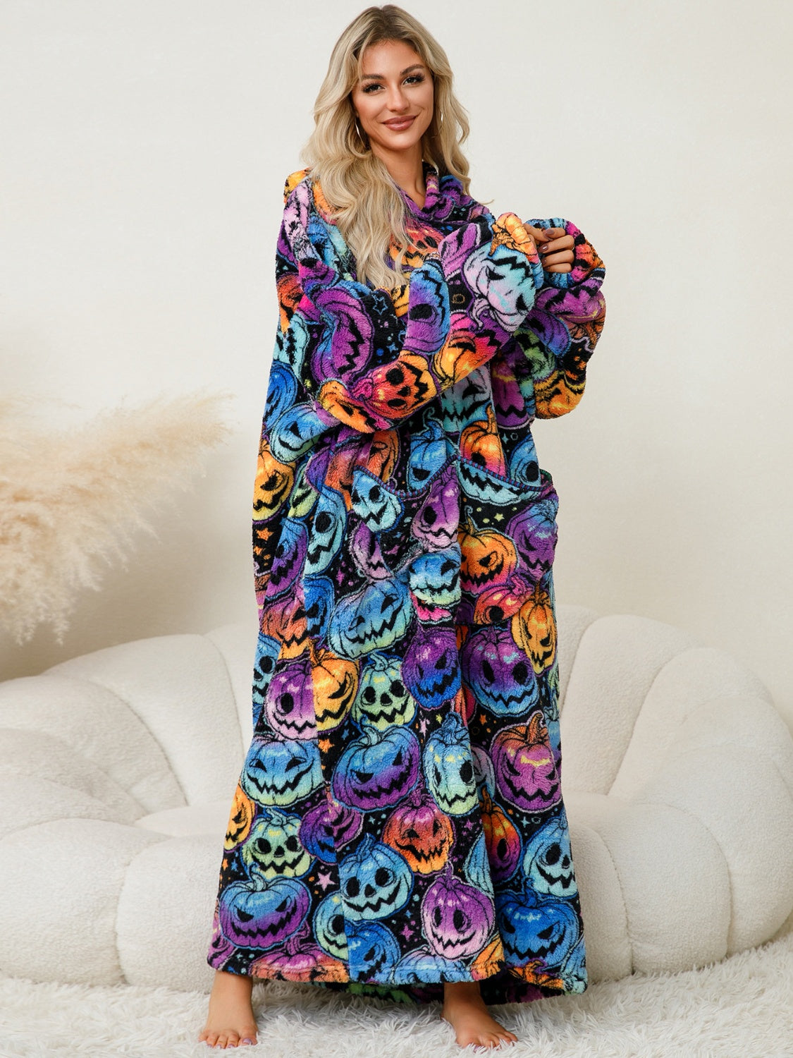 Fuzzy Pocketed Long Sleeve Hooded Lounge Dress-BOTTOMS SIZES SMALL MEDIUM LARGE-[Adult]-[Female]-2022 Online Blue Zone Planet