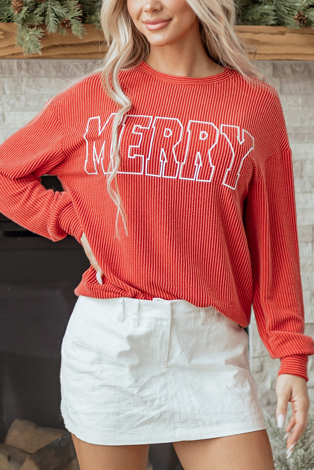 Fiery Red Twisted Rib Outlined Merry Letter Graphic Loose Long Sleeve Top-Tops/Long Sleeve Tops-[Adult]-[Female]-2022 Online Blue Zone Planet