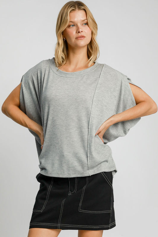 Umgee Exposed Seam Round Neck Batwing Sleeve Knit Top-TOPS / DRESSES-[Adult]-[Female]-Gray-S-2022 Online Blue Zone Planet